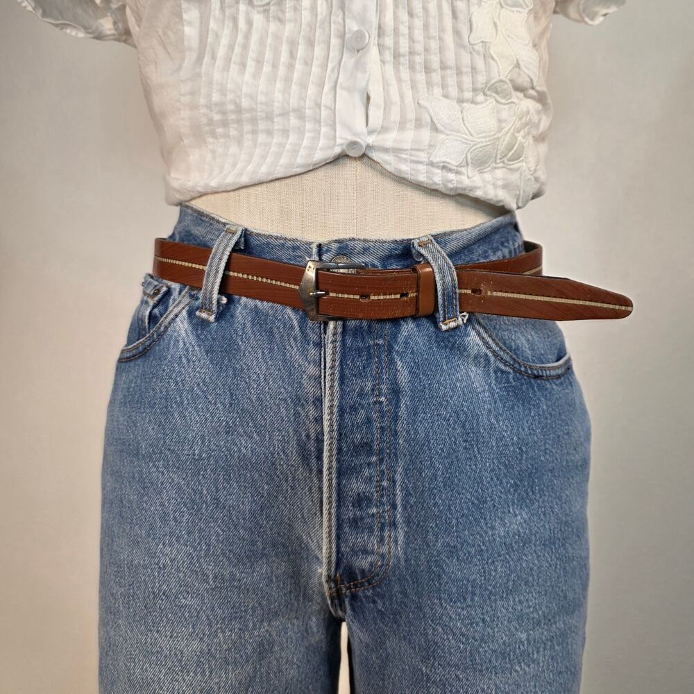 Vintage Brown Leather Belt Inlaid Stripe Minimalist 90s Western